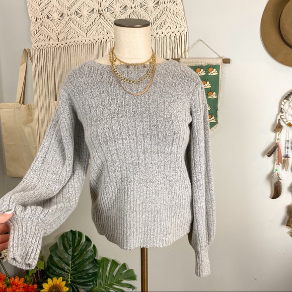 Marled Balloon Sleeve Grey Knit Sweater Size Medium - Picture 5 of 12